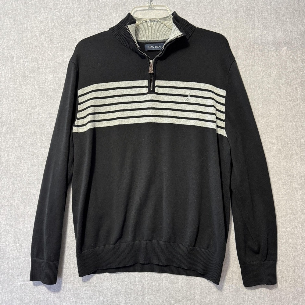 Nautica Sweater Mens Large Black Gray Striped Quarter Zip Mock Neck Pullover